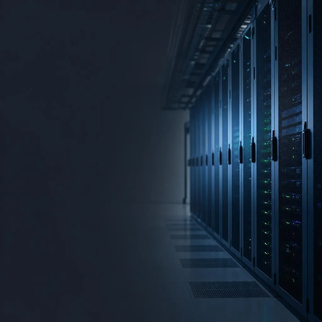 Secure data center with soft blue lighting
