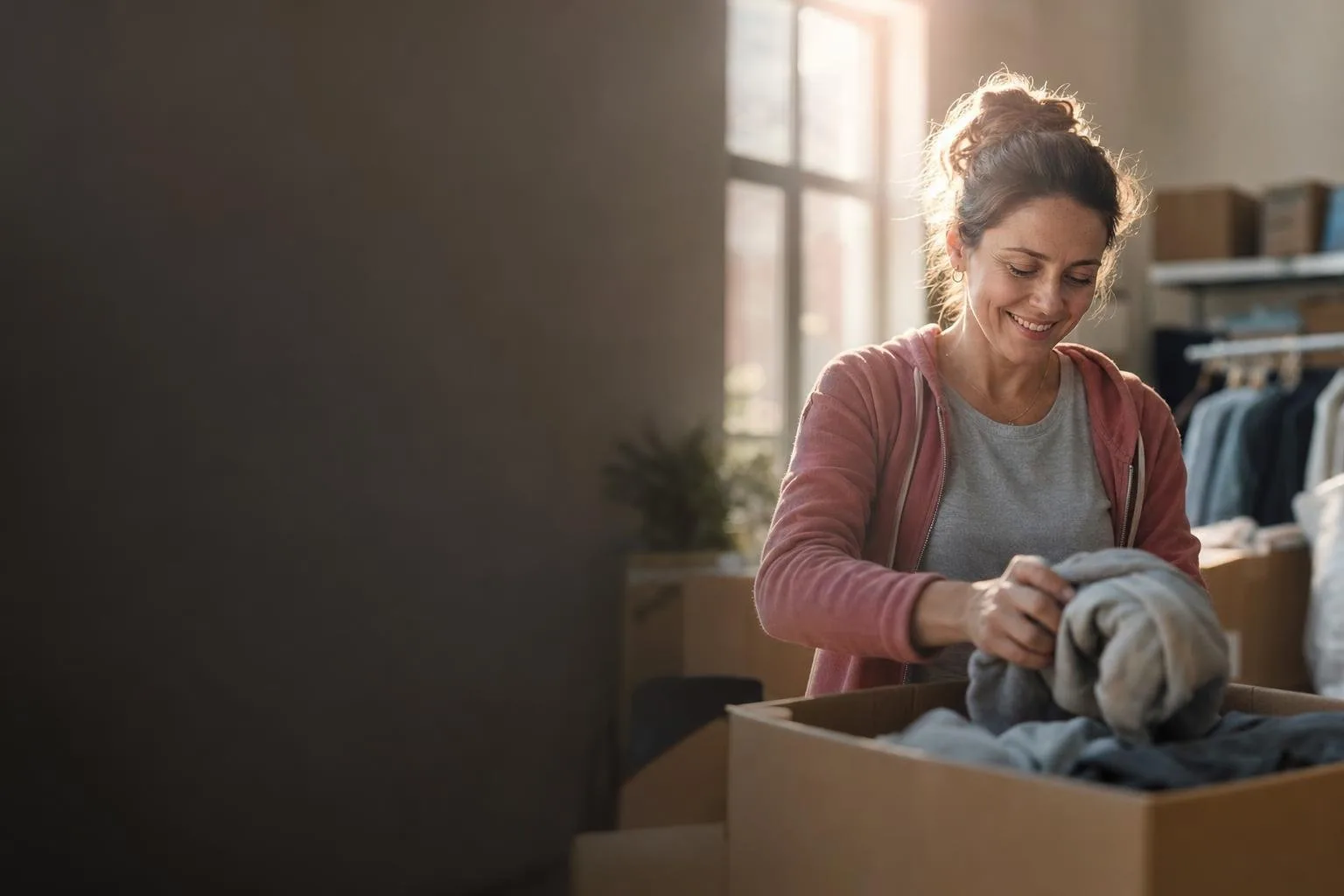 Volunteer smiling warmly while sorting donated goods